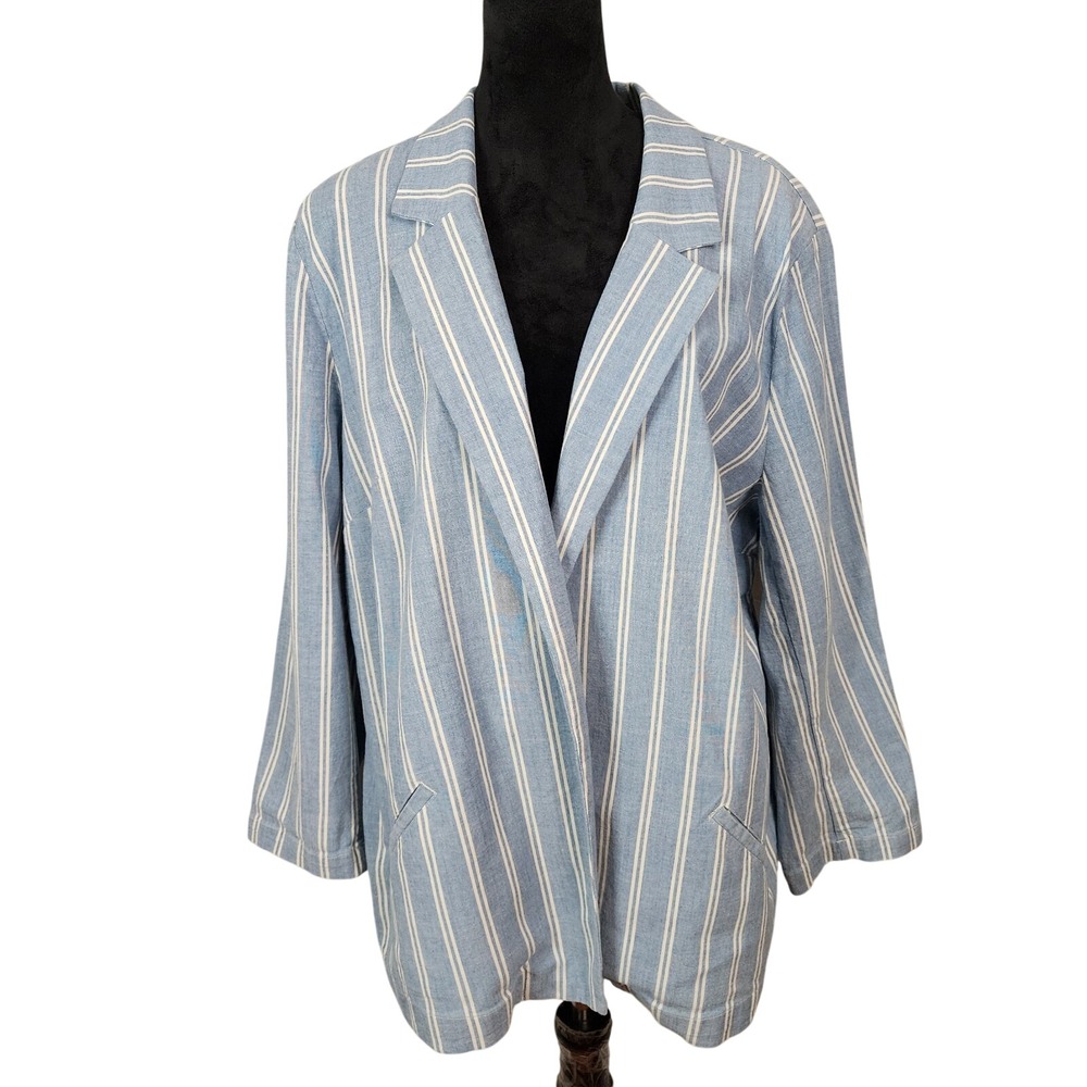 New! CHICO'S Size 4 (US 20) Indigo Chambray Stripe Open Blazer Jacket Coastal